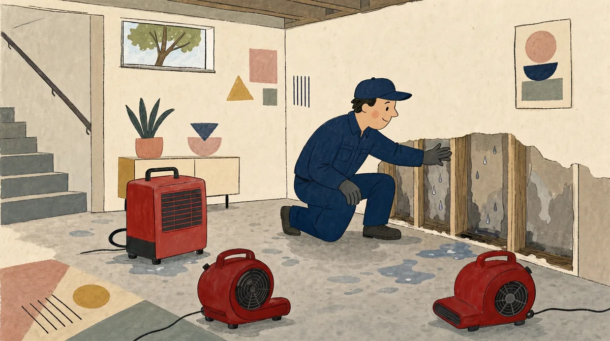 A technician kneels beside an opened wet wall while a dehumidifier and two air movers dry the basement floor