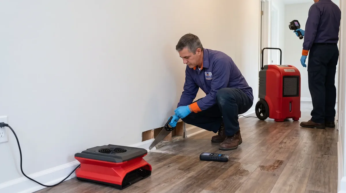 Technician cutting the base of a wall with a hand saw above an air mover