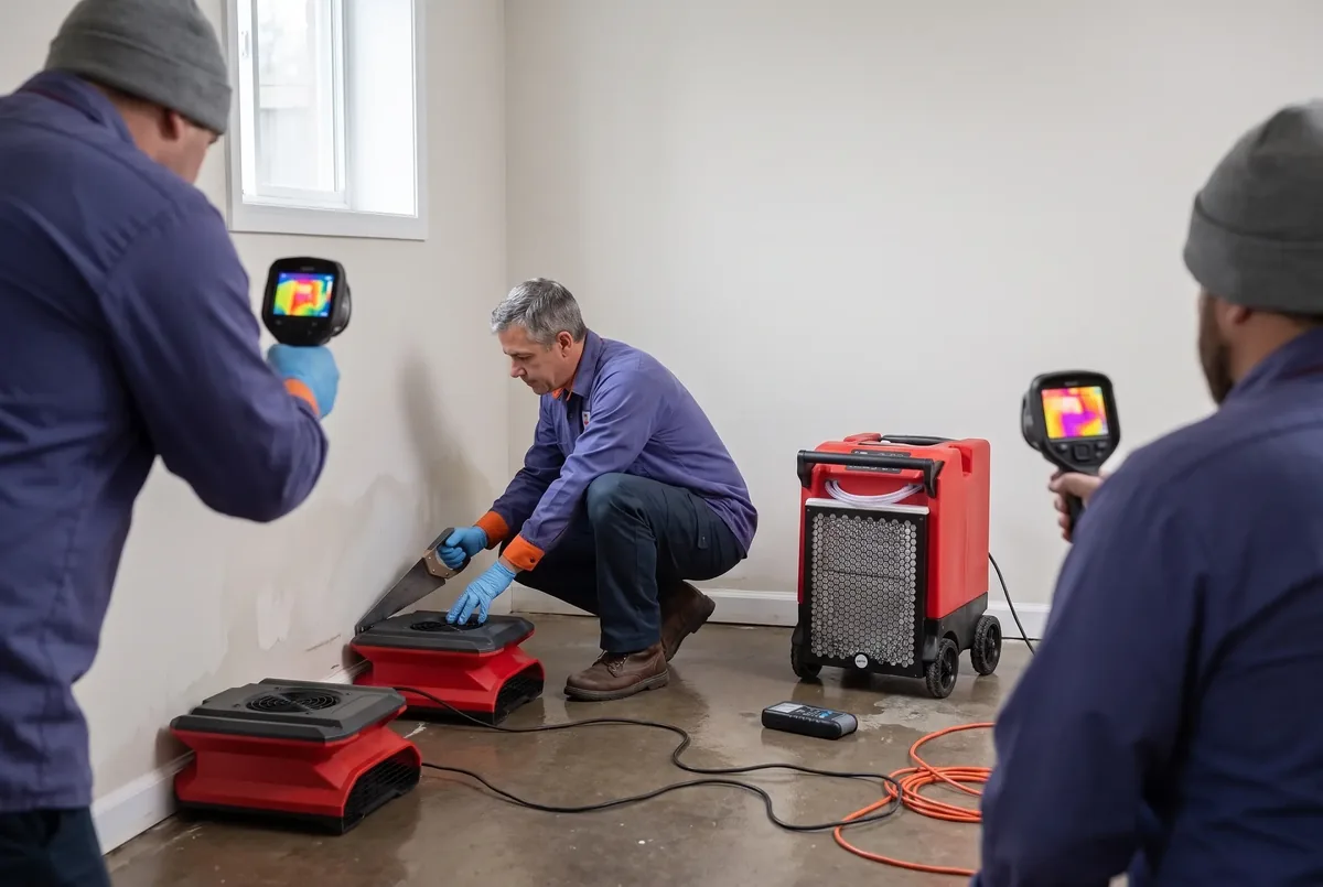 Technician working at the base of a wall with two technicians scanning with thermal cameras
